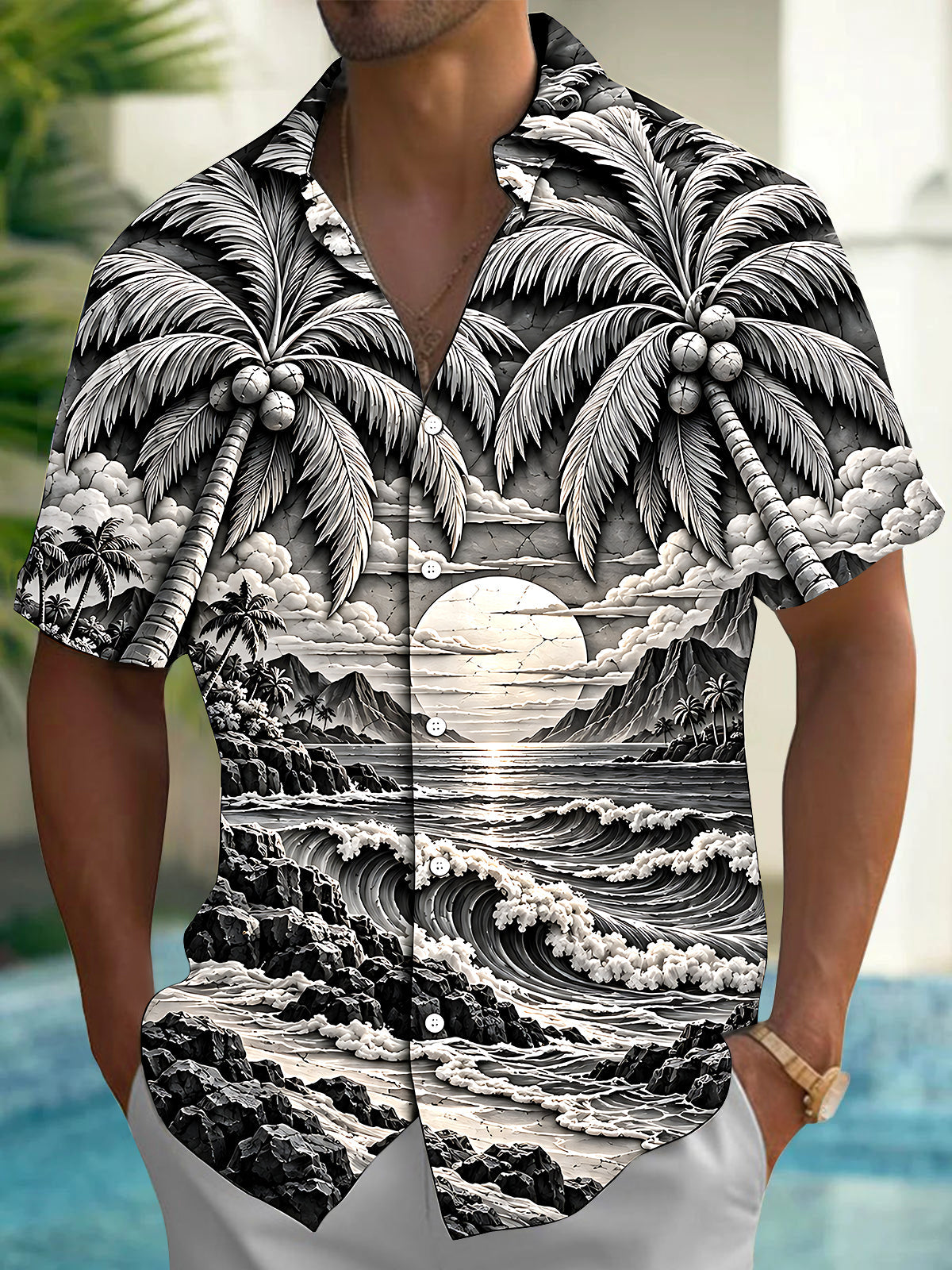 Oceanlyte Men's Hawaiian Palm Trees And Coconuts Print Short Sleeve Shirt with Chest Pocket