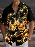 Oceanlyte Men's Short Sleeve Shirt - Cigar And Christmas Ornaments Print Whiskey Glasses And Music Notes Print with Chest Pocket