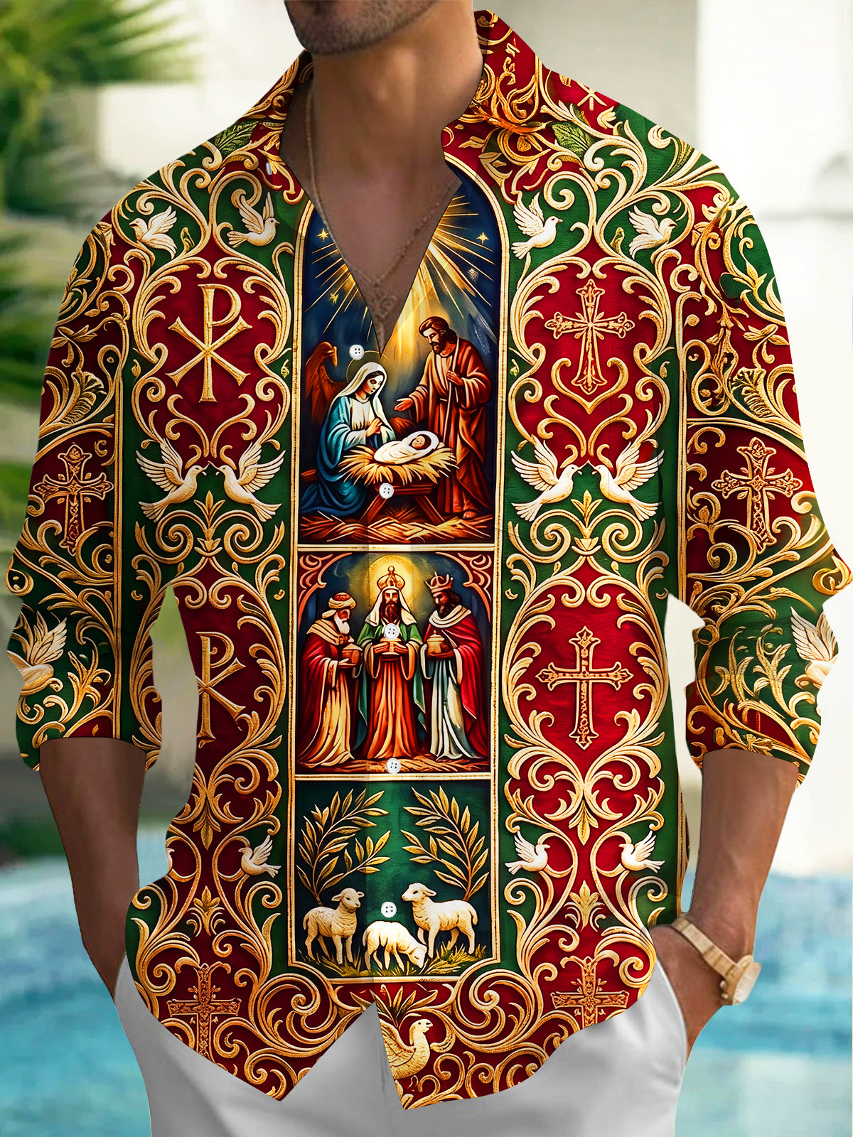 Oceanlyte Men's Long Sleeve Shirt - Nativity Scene With Mary Joseph Baby Jesus And Three Wise Men Print with Chest Pocket