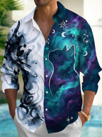 Oceanlyte Men's Graphic Cat Silhouette And Nebula Print Long Sleeve Shirt with Chest Pocket