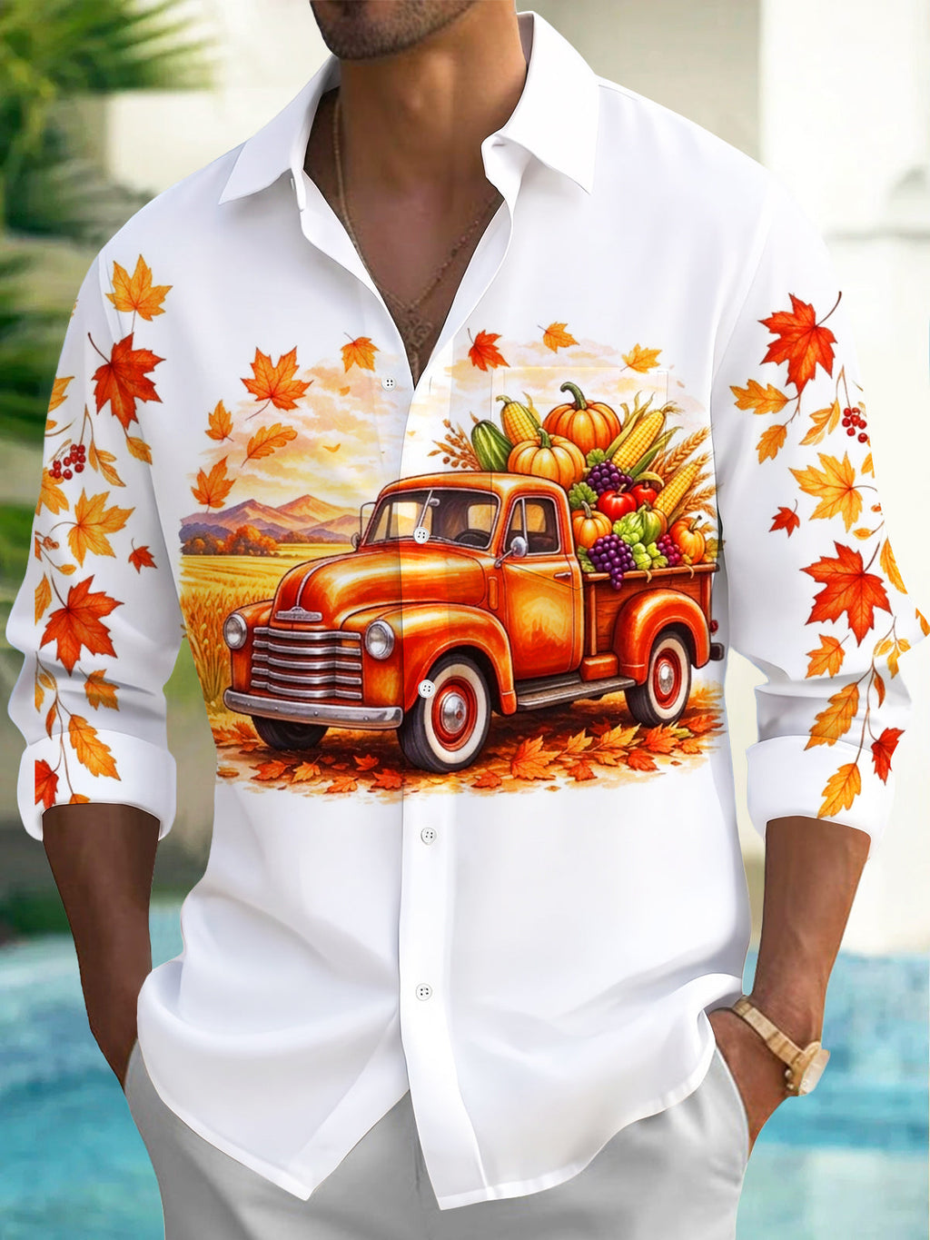 Oceanlyte Men's Long Sleeve Shirt - Thanksgiving Vintage Truck With Harvest Produce Print with Chest Pocket