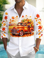 Oceanlyte Men's Long Sleeve Shirt - Thanksgiving Vintage Truck With Harvest Produce Print with Chest Pocket