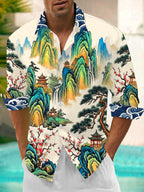 Oceanlyte Men's Long Sleeve Shirt - Asian Landscape With Mountains And Waterfalls Print with Chest Pocket