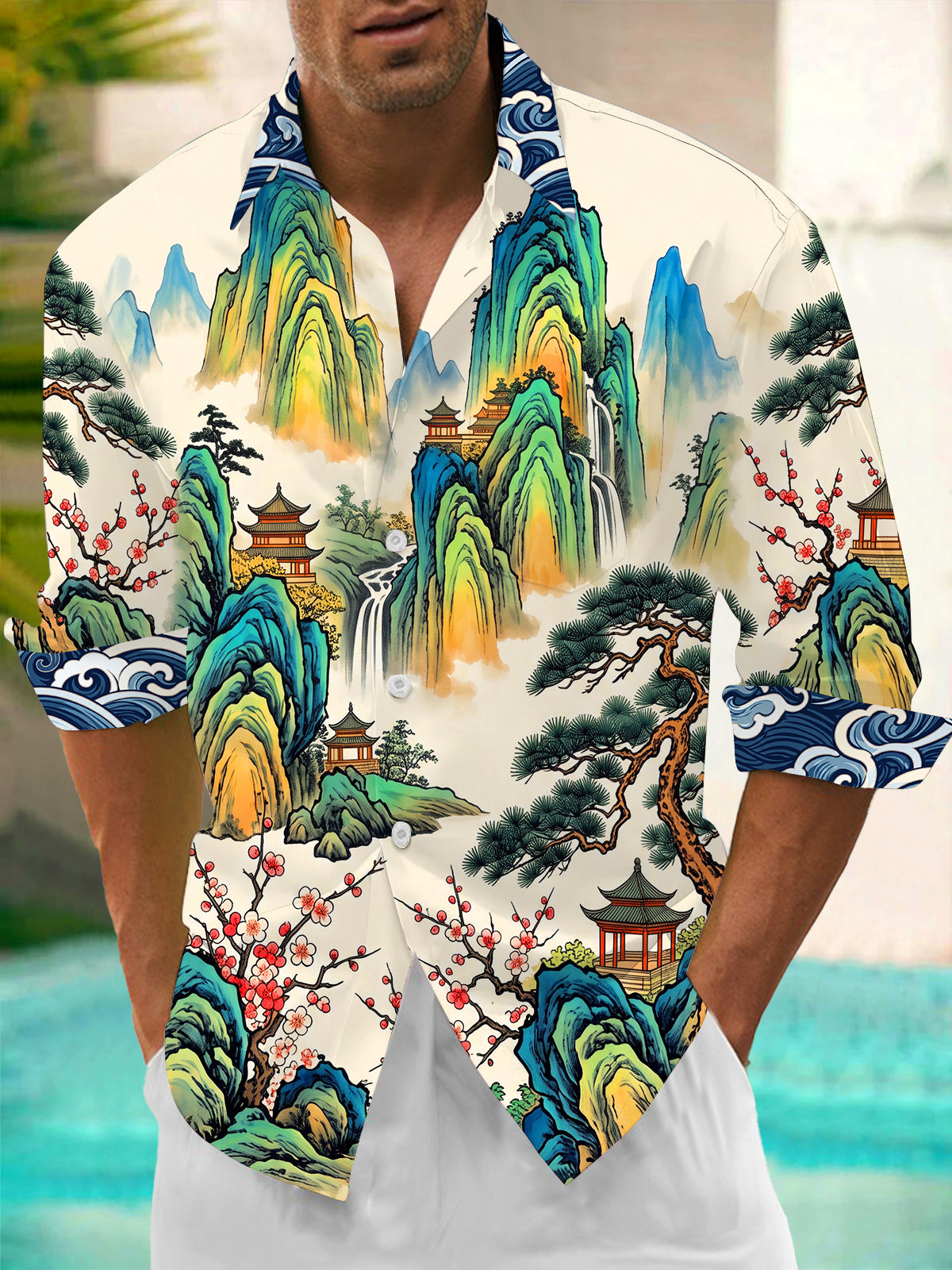 Oceanlyte Men's Long Sleeve Shirt - Asian Landscape With Mountains And Waterfalls Print with Chest Pocket