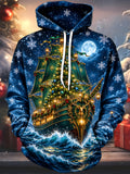 Oceanlyte Men's Long Sleeve Hoodie - Christmas Tree Ship With Reindeer And Ornaments Print