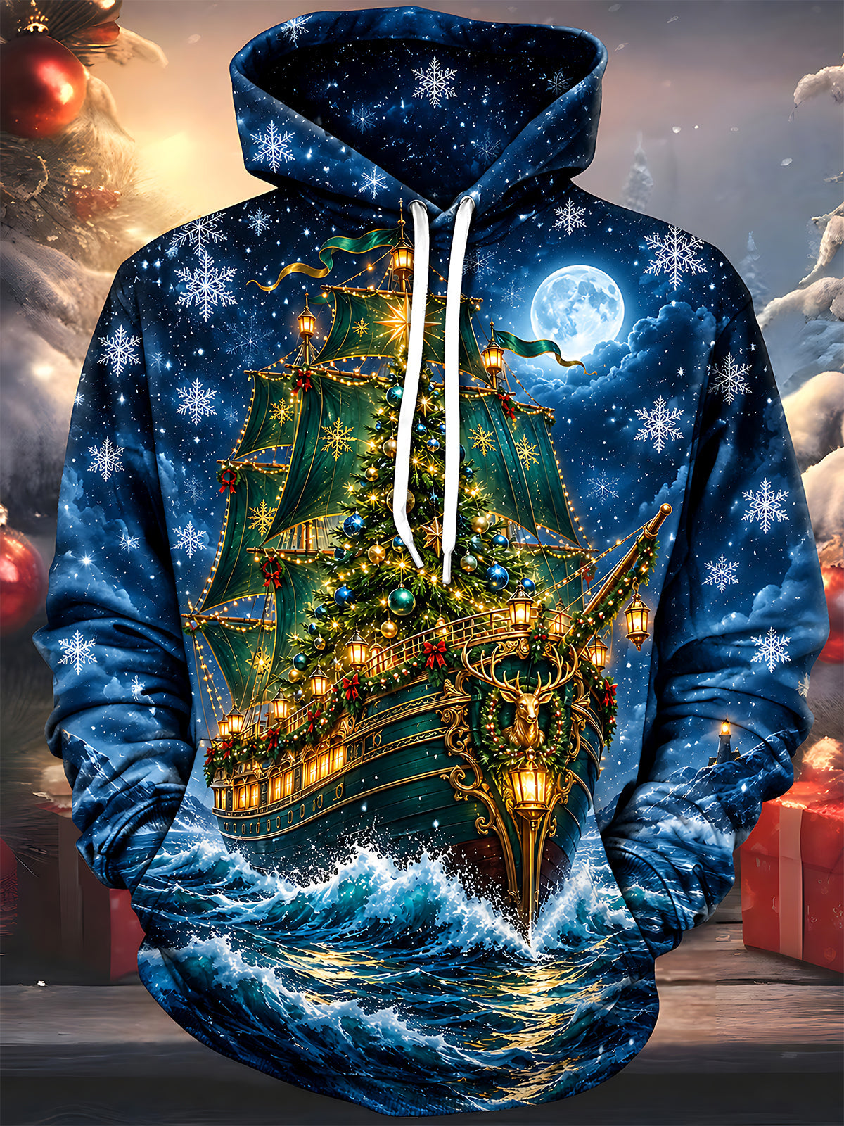 Oceanlyte Men's Long Sleeve Hoodie - Christmas Tree Ship With Reindeer And Ornaments Print