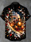 Oceanlyte Men's Christmas Steam Train And Snowy Forest Print Short Sleeve Shirt with Chest Pocket