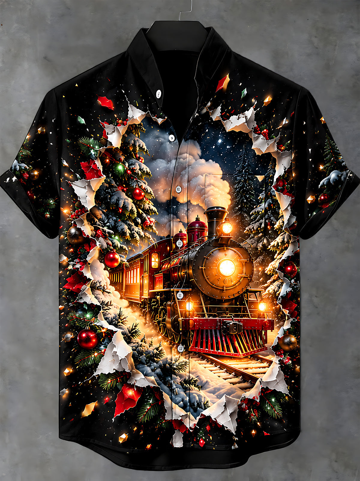 Oceanlyte Men's Christmas Steam Train And Snowy Forest Print Short Sleeve Shirt with Chest Pocket