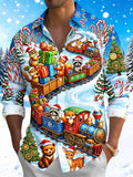Oceanlyte Men's Christmas Animals On Train With Gifts Print Long Sleeve Shirt with Chest Pocket