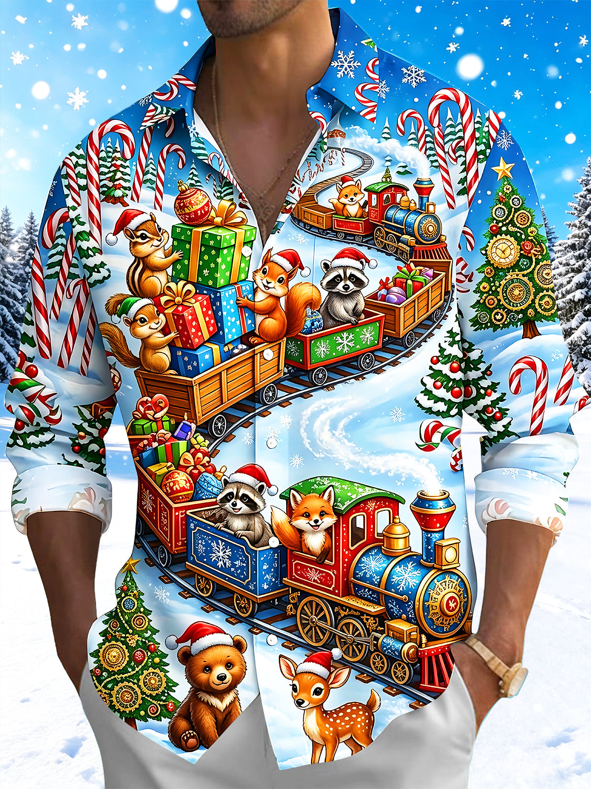 Oceanlyte Men's Christmas Animals On Train With Gifts Print Long Sleeve Shirt with Chest Pocket