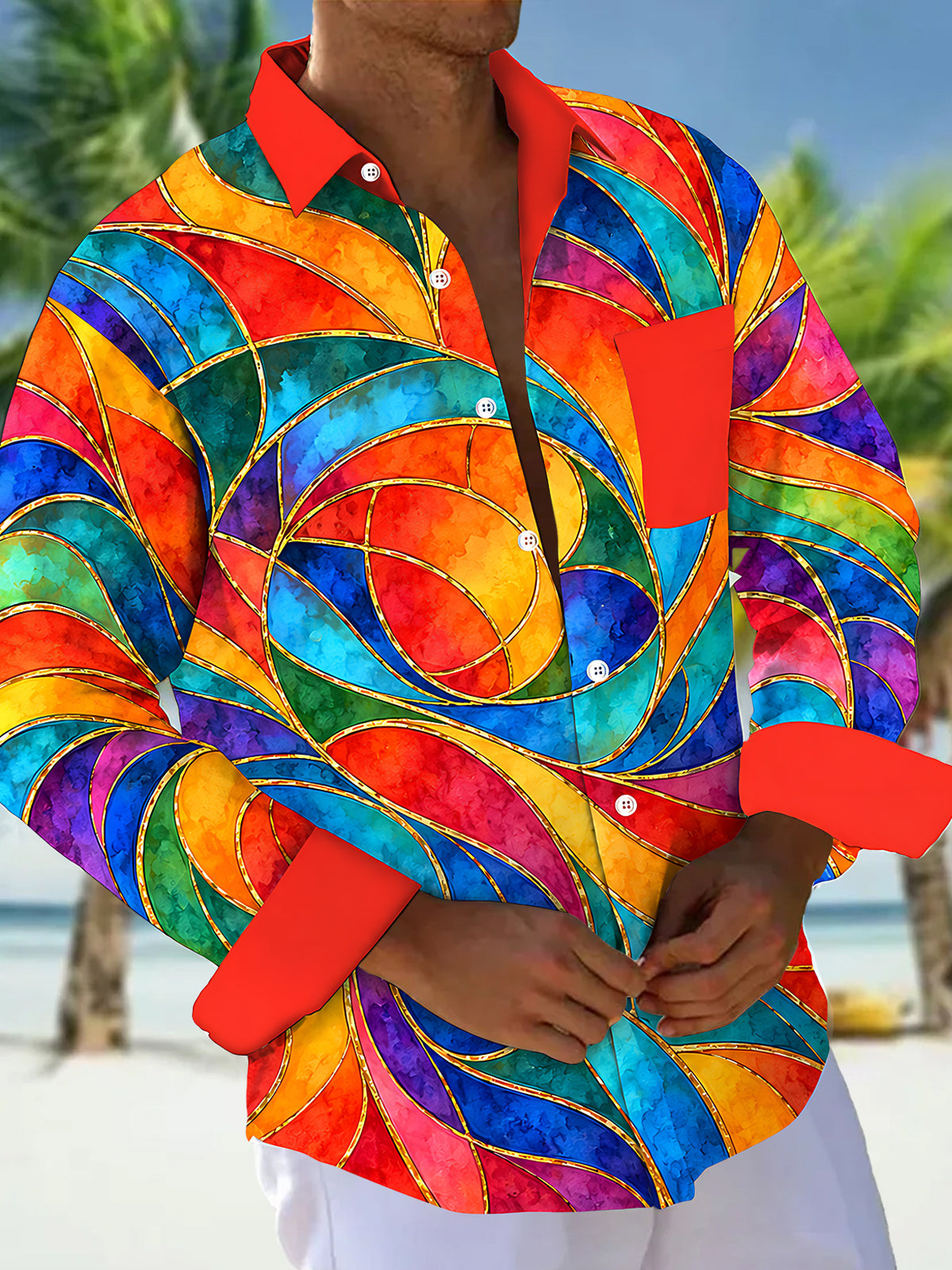 Oceanlyte Men's Long Sleeve Shirt - Abstract Swirling Rainbow Patterns With Gold Lines Print with Chest Pocket