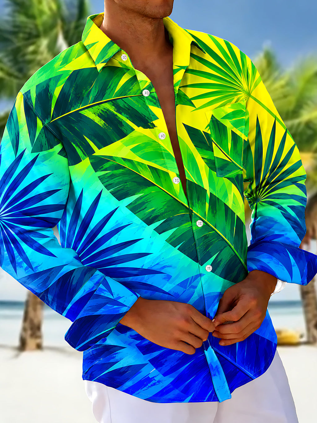 Oceanlyte Men's Tropical Palm Leaves And Plant Foliage Print Long Sleeve Shirt with Chest Pocket
