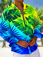 Oceanlyte Men's Tropical Palm Leaves And Plant Foliage Print Long Sleeve Shirt with Chest Pocket