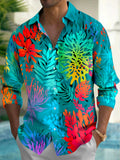 Oceanlyte Men's Hawaiian Tropical Leaves And Flowers Print Long Sleeve Shirt with Chest Pocket