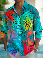 Oceanlyte Men's Hawaiian Tropical Leaves And Flowers Print Long Sleeve Shirt with Chest Pocket