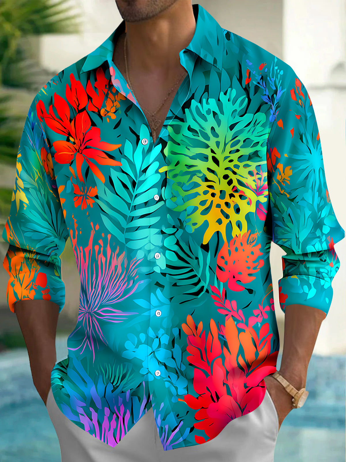 Oceanlyte Men's Hawaiian Tropical Leaves And Flowers Print Long Sleeve Shirt with Chest Pocket