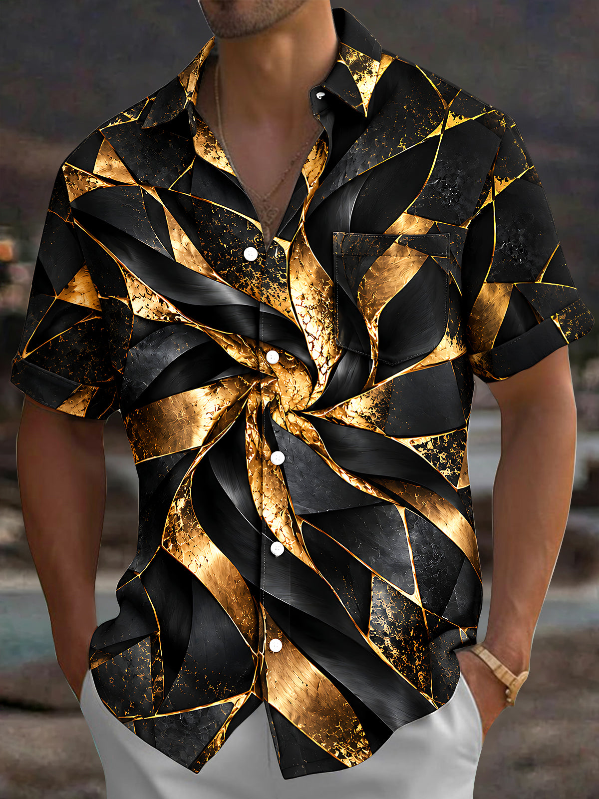 Oceanlyte Men's Short Sleeve Shirt - Abstract Geometric Swirl With Gold And Black Textures Print with Chest Pocket