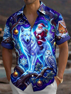 Oceanlyte Men's Graphic White Wolf And Santa Claus Print Short Sleeve Shirt with Chest Pocket