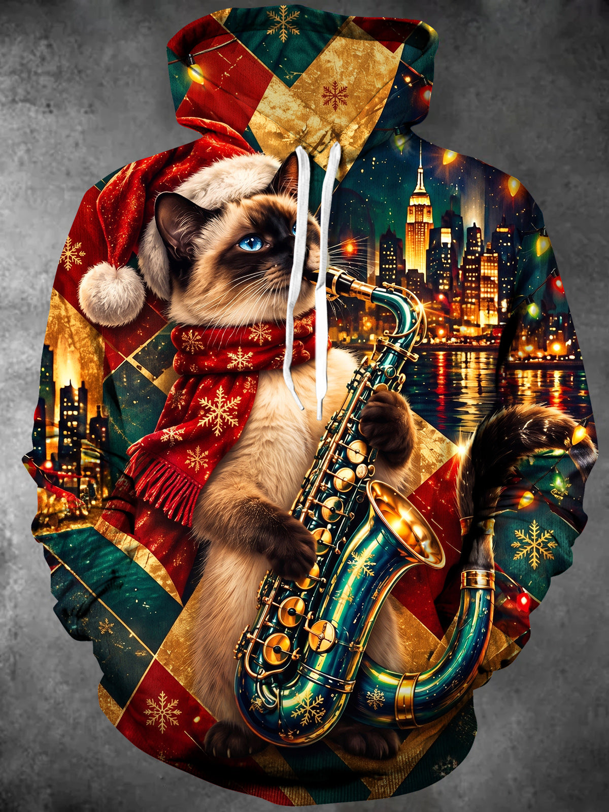 Oceanlyte Men's Graphic Christmas Cat Playing Saxophone Print Long Sleeve Hoodie