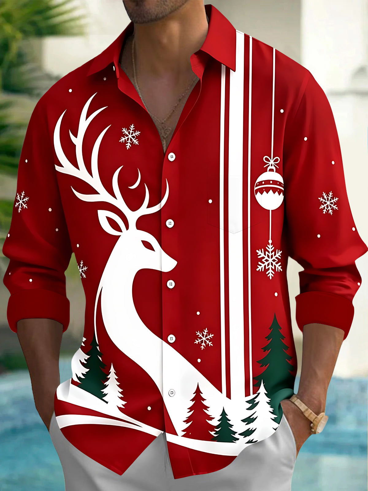 Oceanlyte Men's Printed Deer And Christmas Ornaments Print Long Sleeve Shirt with Chest Pocket