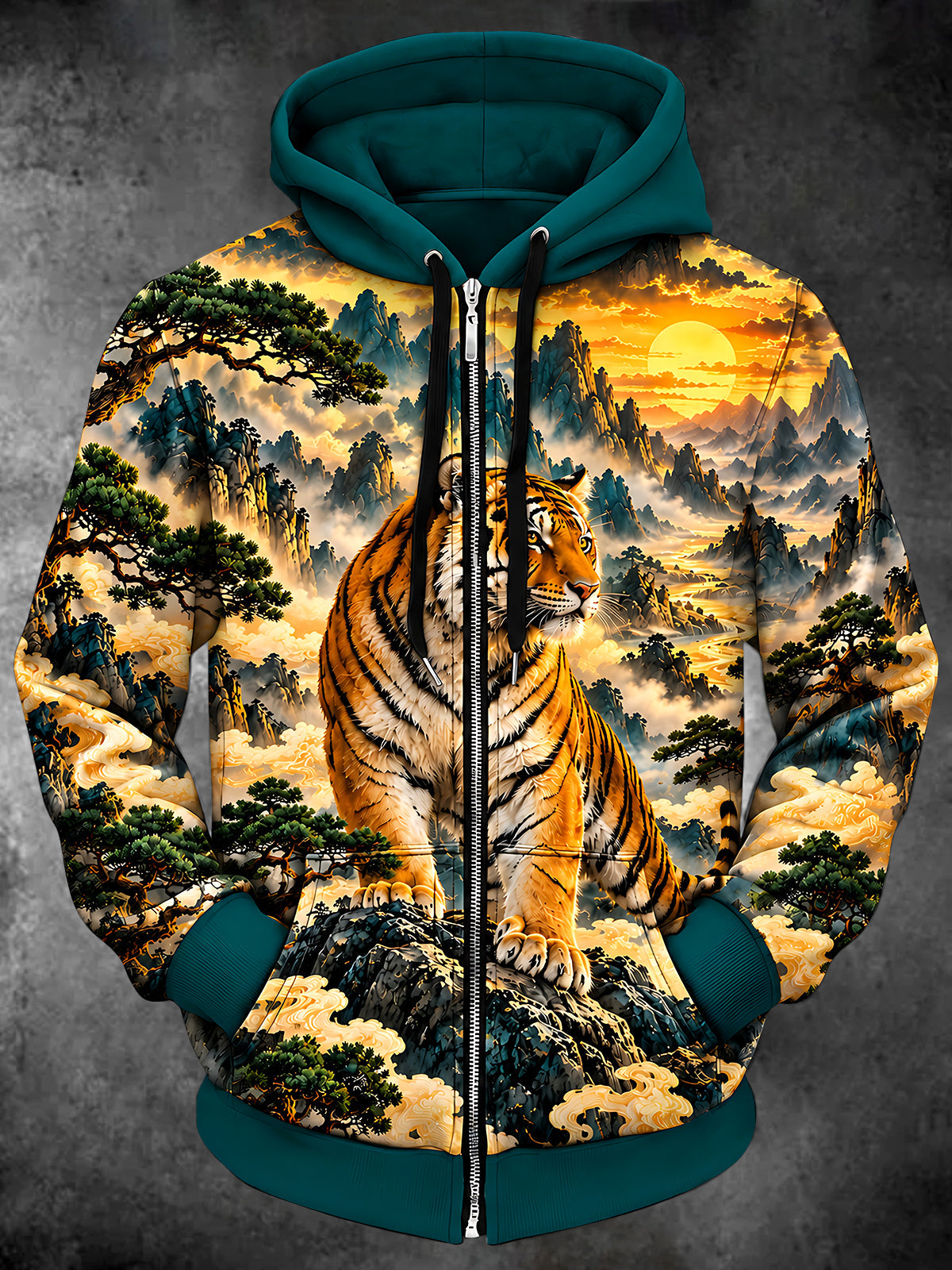 Oceanlyte Men's Tiger In Mountain Landscape Print Long Sleeve Zip-Up Hoodie