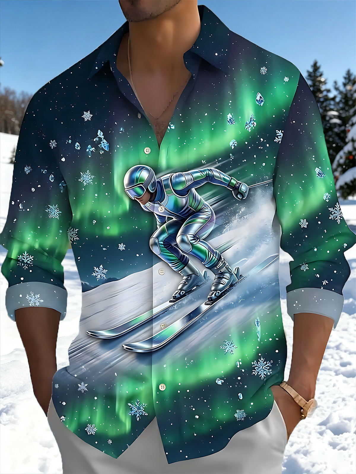 Oceanlyte Men's Skiing Person And Snowflakes Print Long Sleeve Shirt with Chest Pocket