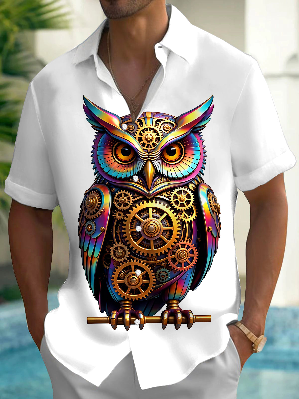Oceanlyte Men's Colorful Steampunk Owl With Gears Print Short Sleeve Shirt with Chest Pocket