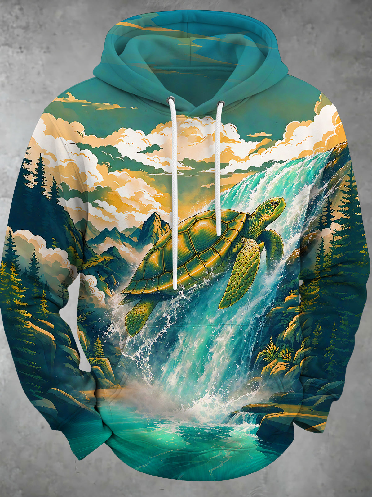 Oceanlyte Men's Sea Turtle And Waterfall Landscape Print Long Sleeve Hoodie