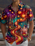 Oceanlyte Men's Halloween Castle And Circus Tent Print Short Sleeve Shirt with Chest Pocket