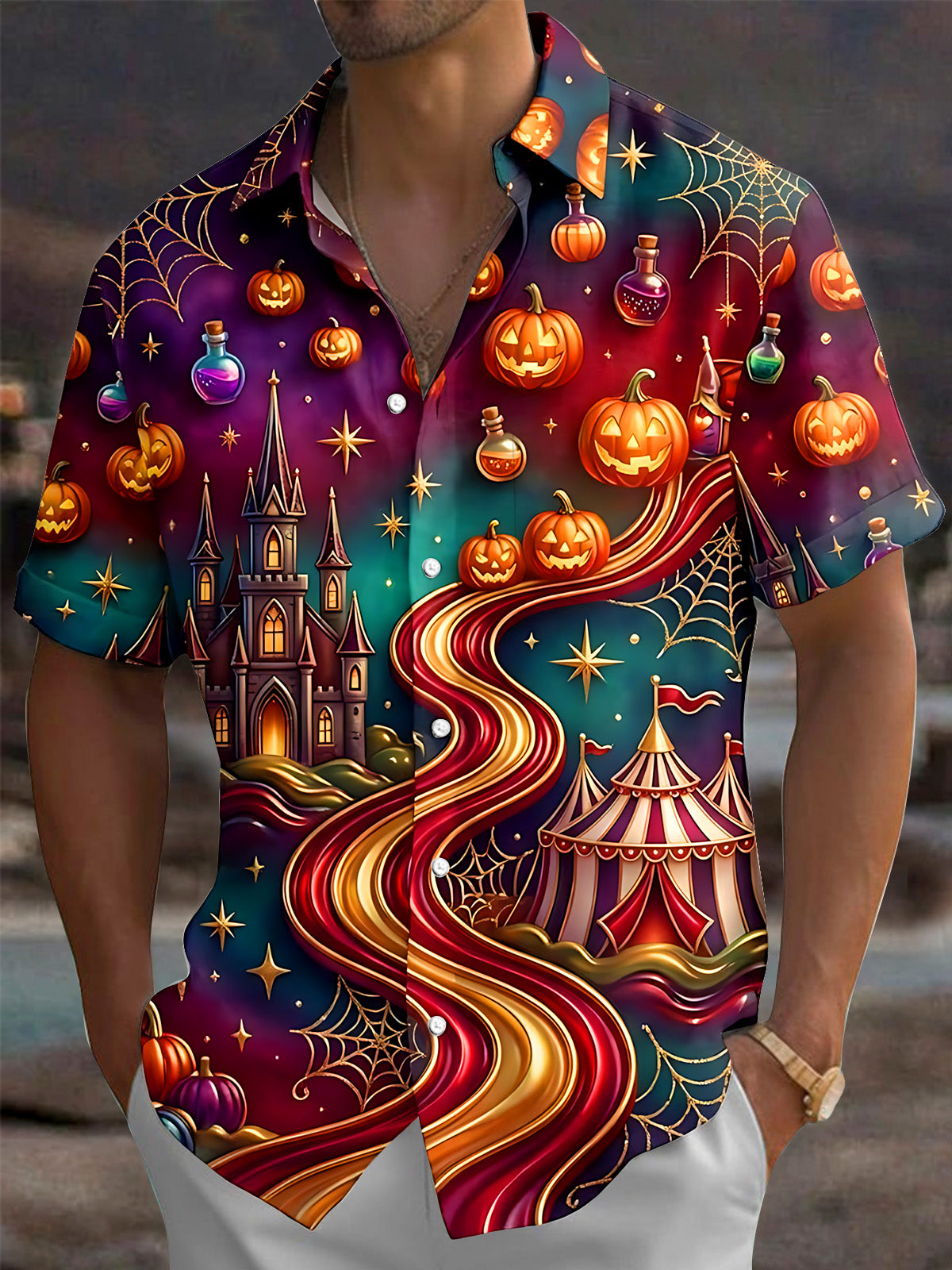 Oceanlyte Men's Halloween Castle And Circus Tent Print Short Sleeve Shirt with Chest Pocket