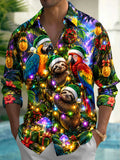 Oceanlyte Men's Hawaiian Christmas Sloths And Parrots Print Long Sleeve Shirt with Chest Pocket