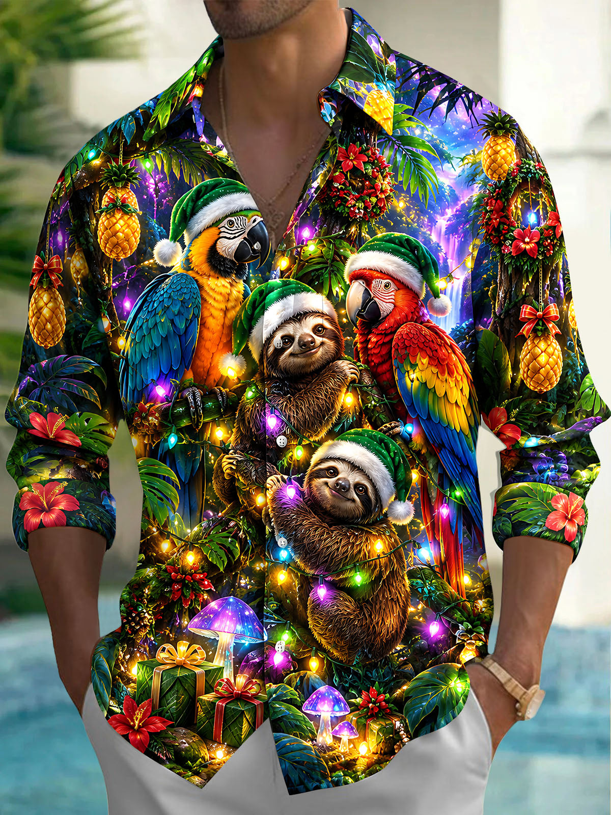 Oceanlyte Men's Hawaiian Christmas Sloths And Parrots Print Long Sleeve Shirt with Chest Pocket