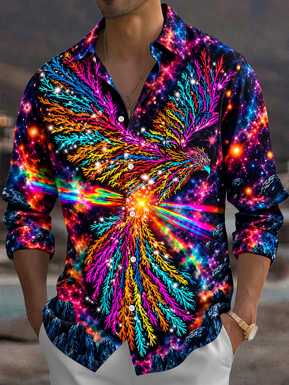 Oceanlyte Men's Psychedelic Eagle And Galaxy Background Print Long Sleeve Shirt with Chest Pocket