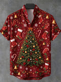 Oceanlyte Men's Short Sleeve Stand Collar Shirt - Christmas Tree With Lights And Ornaments Print with Chest Pocket