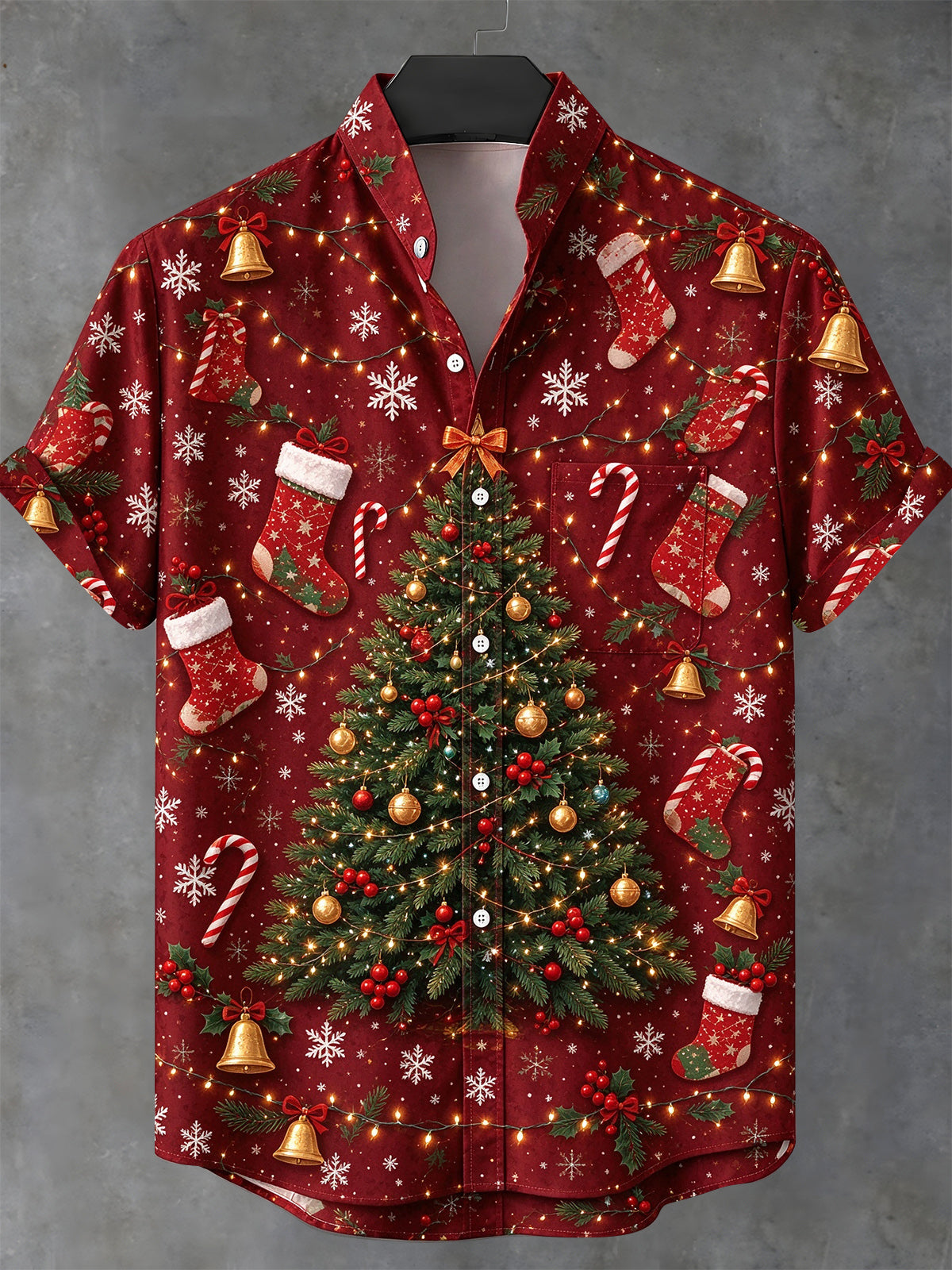 Oceanlyte Men's Short Sleeve Stand Collar Shirt - Christmas Tree With Lights And Ornaments Print with Chest Pocket
