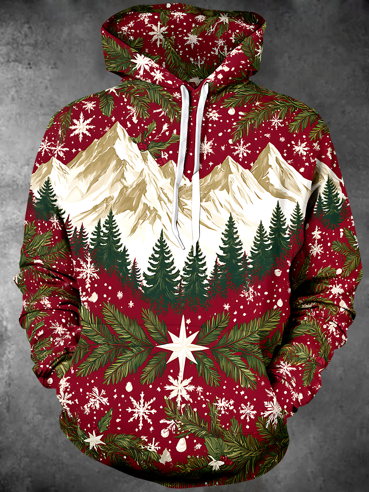Oceanlyte Men's Long Sleeve Hoodie - Christmas Mountain Landscape With Pine Trees And Snowflakes Print