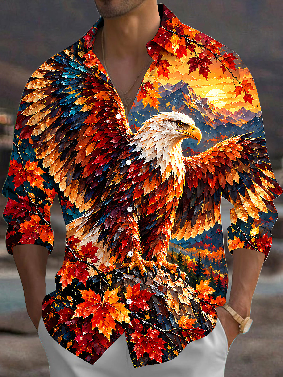 Oceanlyte Men's Bald Eagle And Autumn Maple Leaves Print Long Sleeve Shirt with Chest Pocket