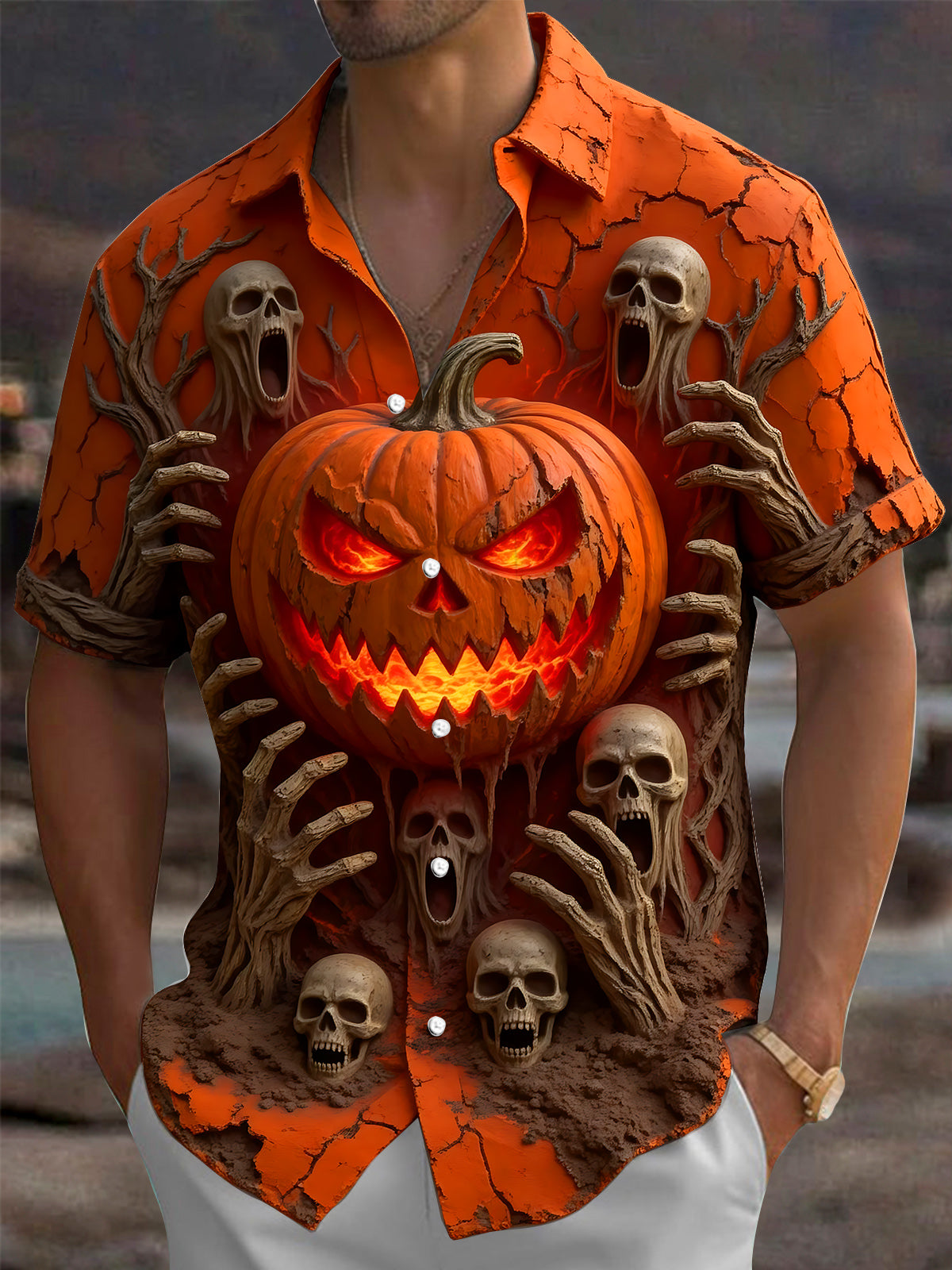 Oceanlyte Men's Halloween Jack-o-lantern And Skulls Print Short Sleeve Shirt with Chest Pocket