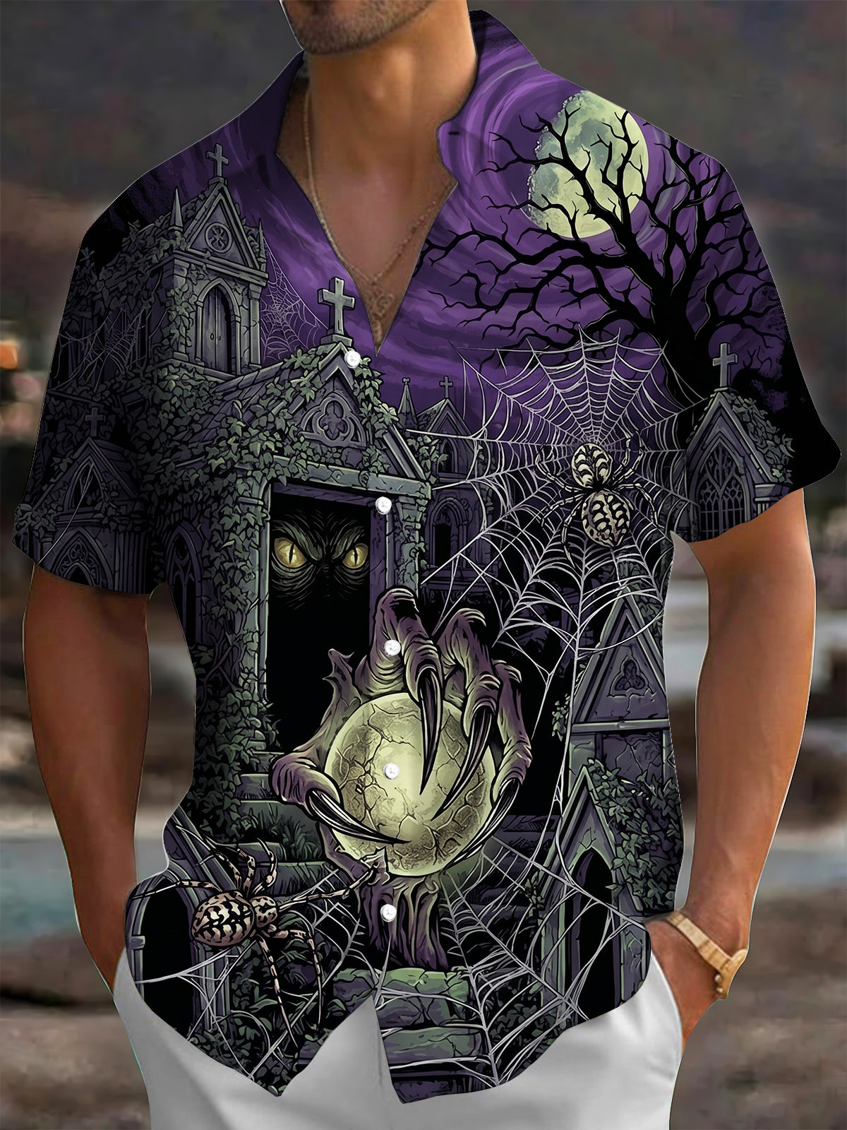 Oceanlyte Men's Short Sleeve Shirt - Halloween Gothic Graveyard With Ghost Claw And Spider Print with Chest Pocket