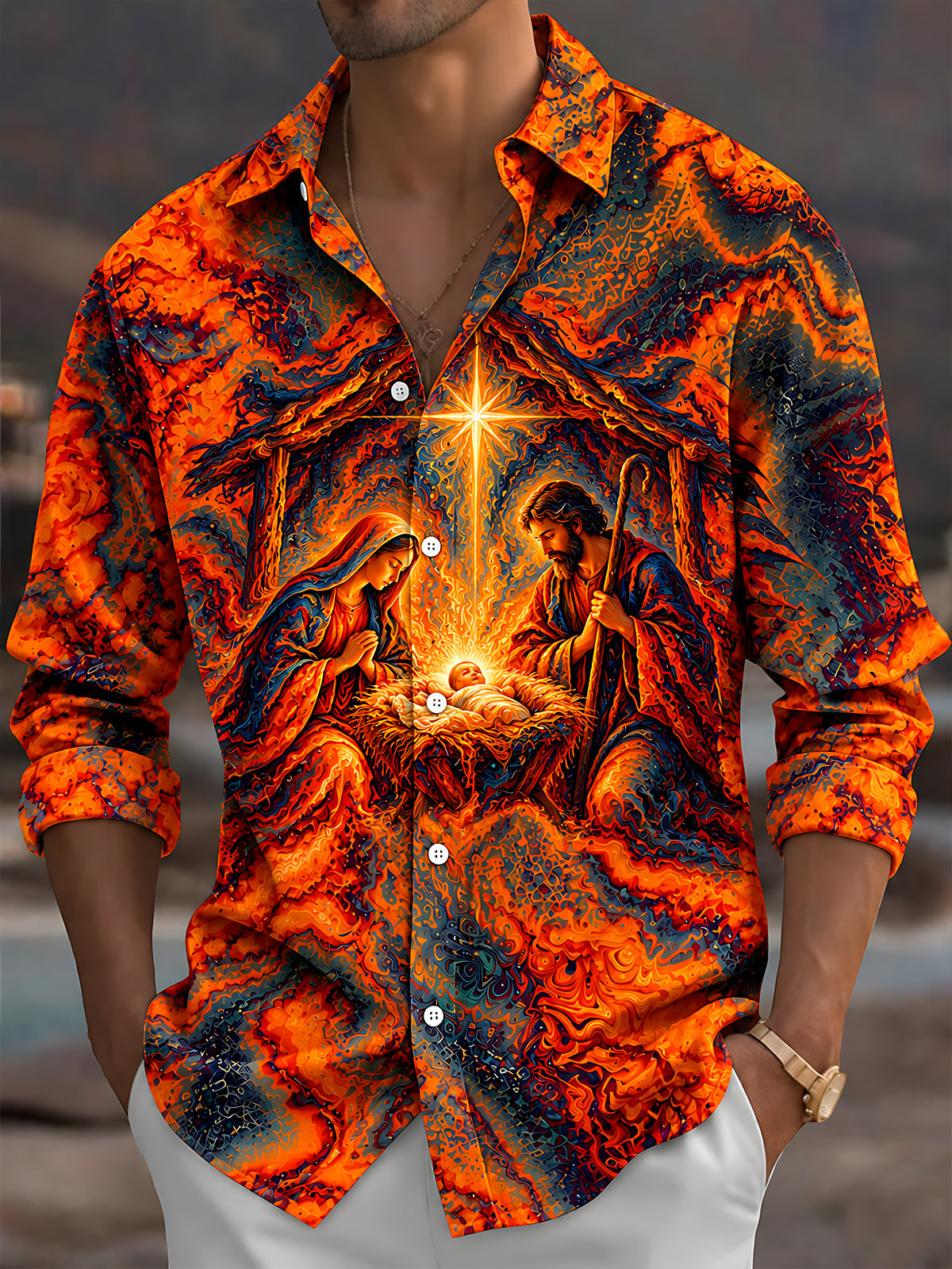 Oceanlyte Men's Long Sleeve Shirt - Nativity Scene With Holy Family And Star Of Bethlehem Print with Chest Pocket