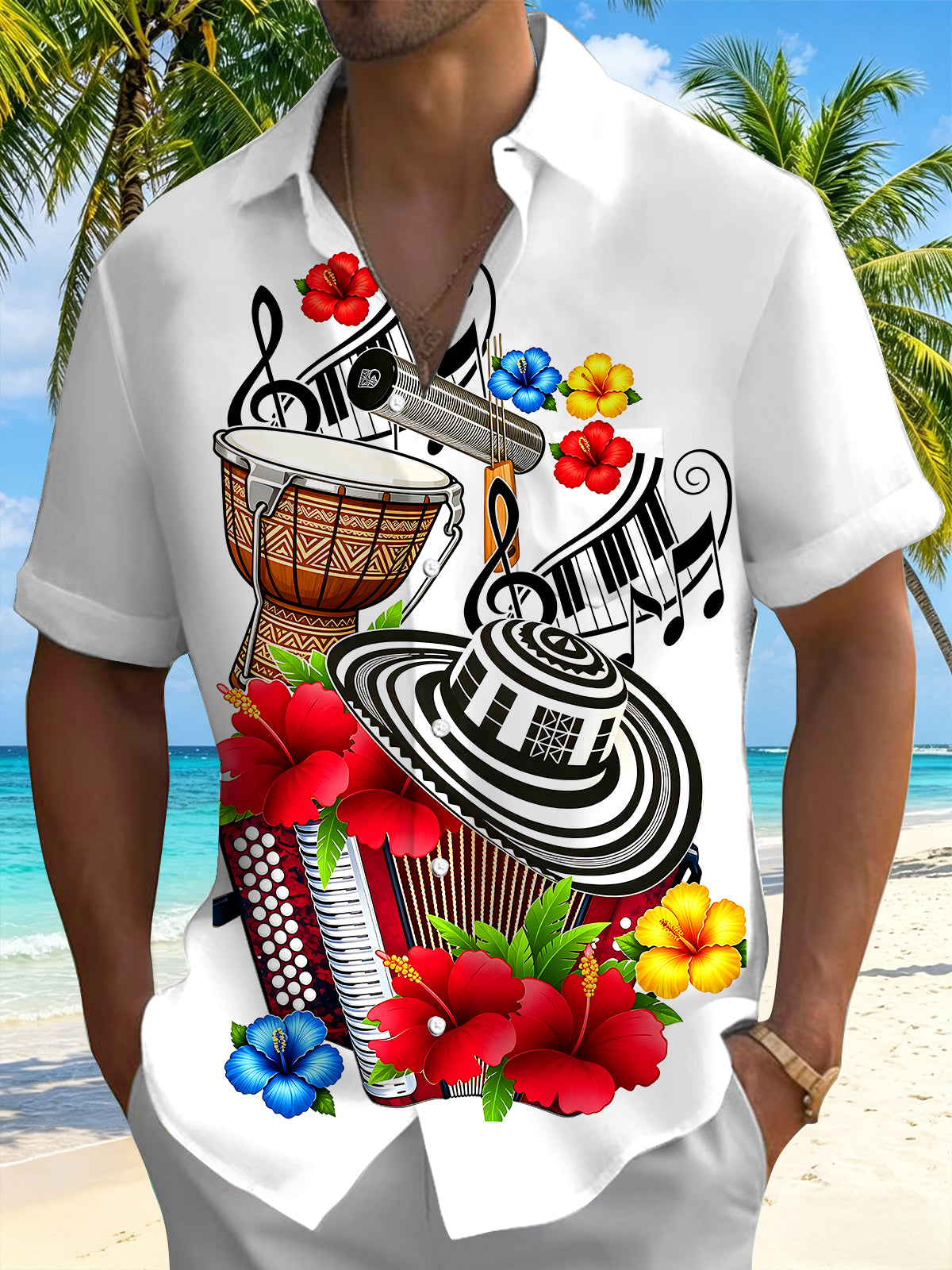 Oceanlyte Men's Short Sleeve Shirt - Musical Instruments And Tropical Flowers Print with Chest Pocket
