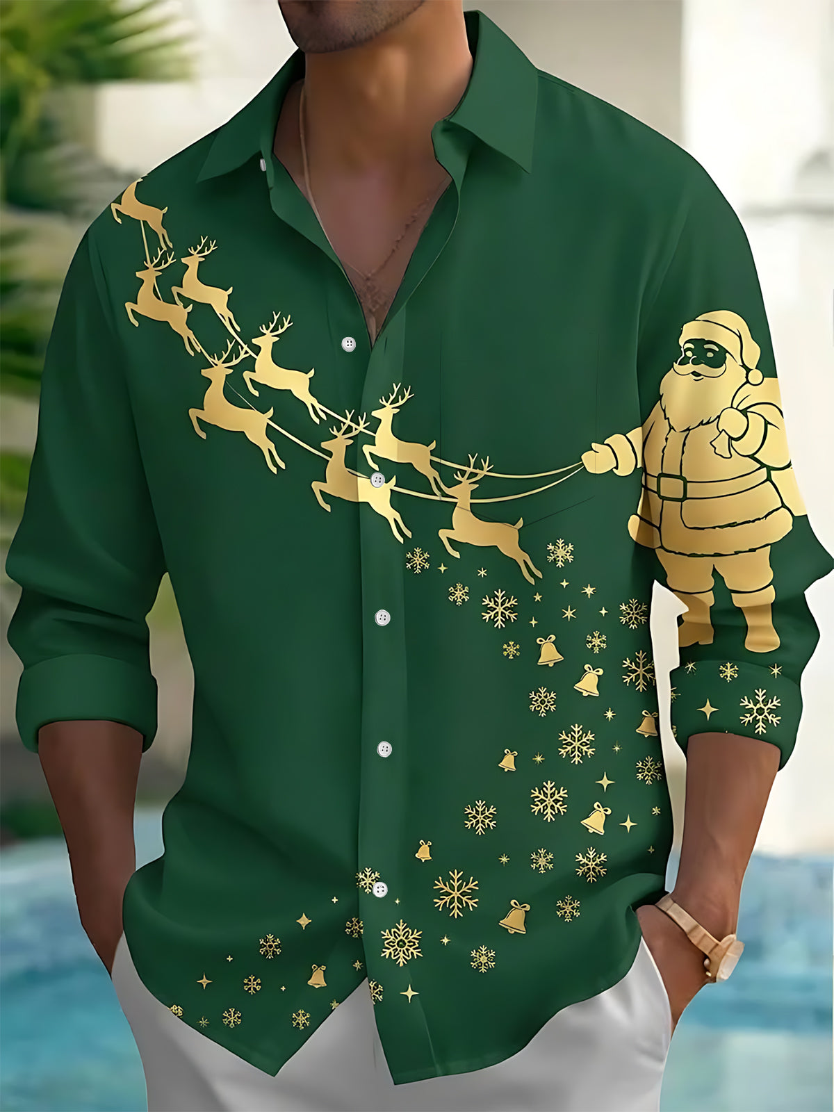 Oceanlyte Men's Graphic Christmas Print Holiday Print Long Sleeve Shirt with Chest Pocket