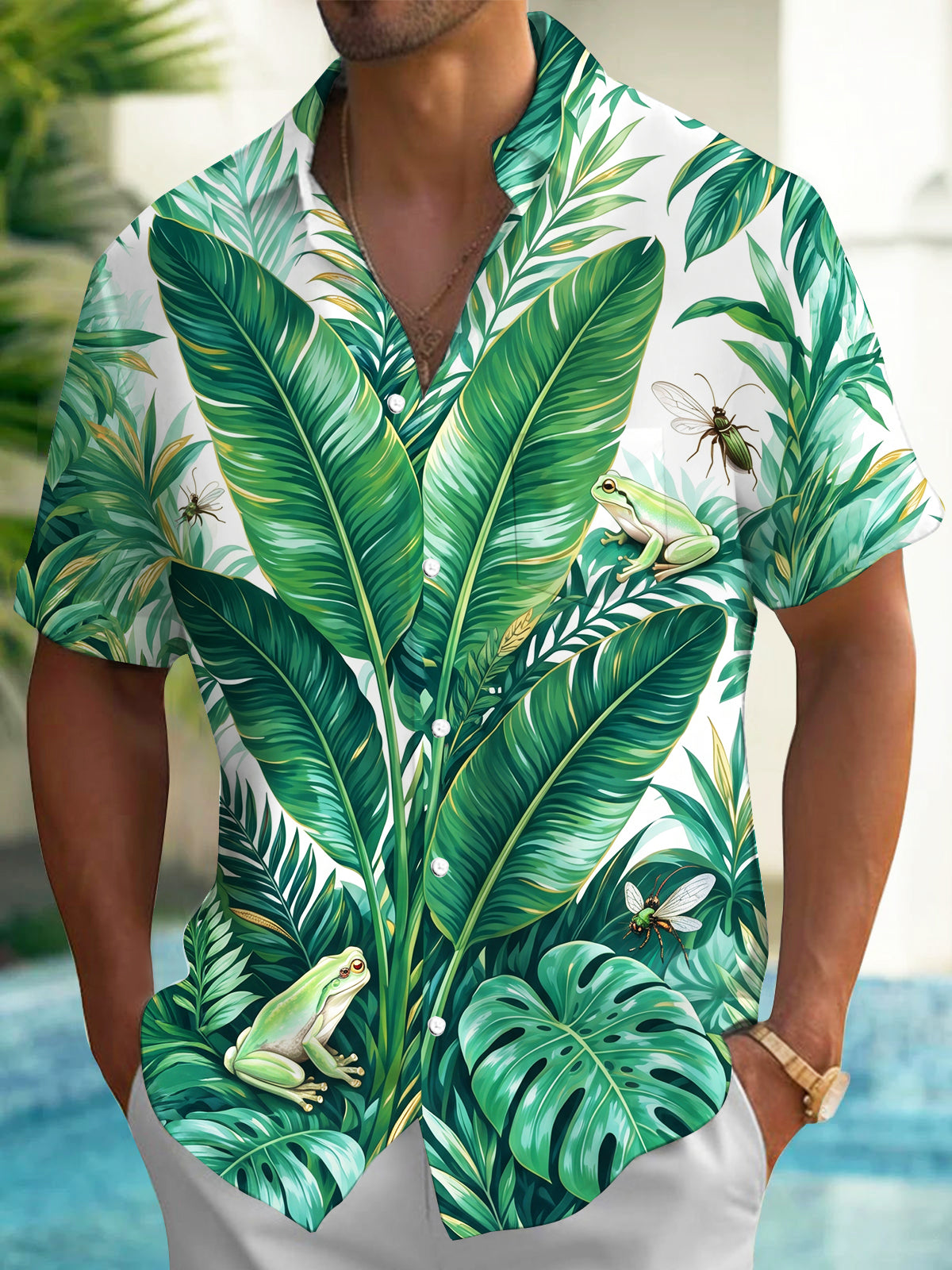 Oceanlyte Men's Hawaiian Tropical Leaves And Frogs Print Short Sleeve Shirt with Chest Pocket