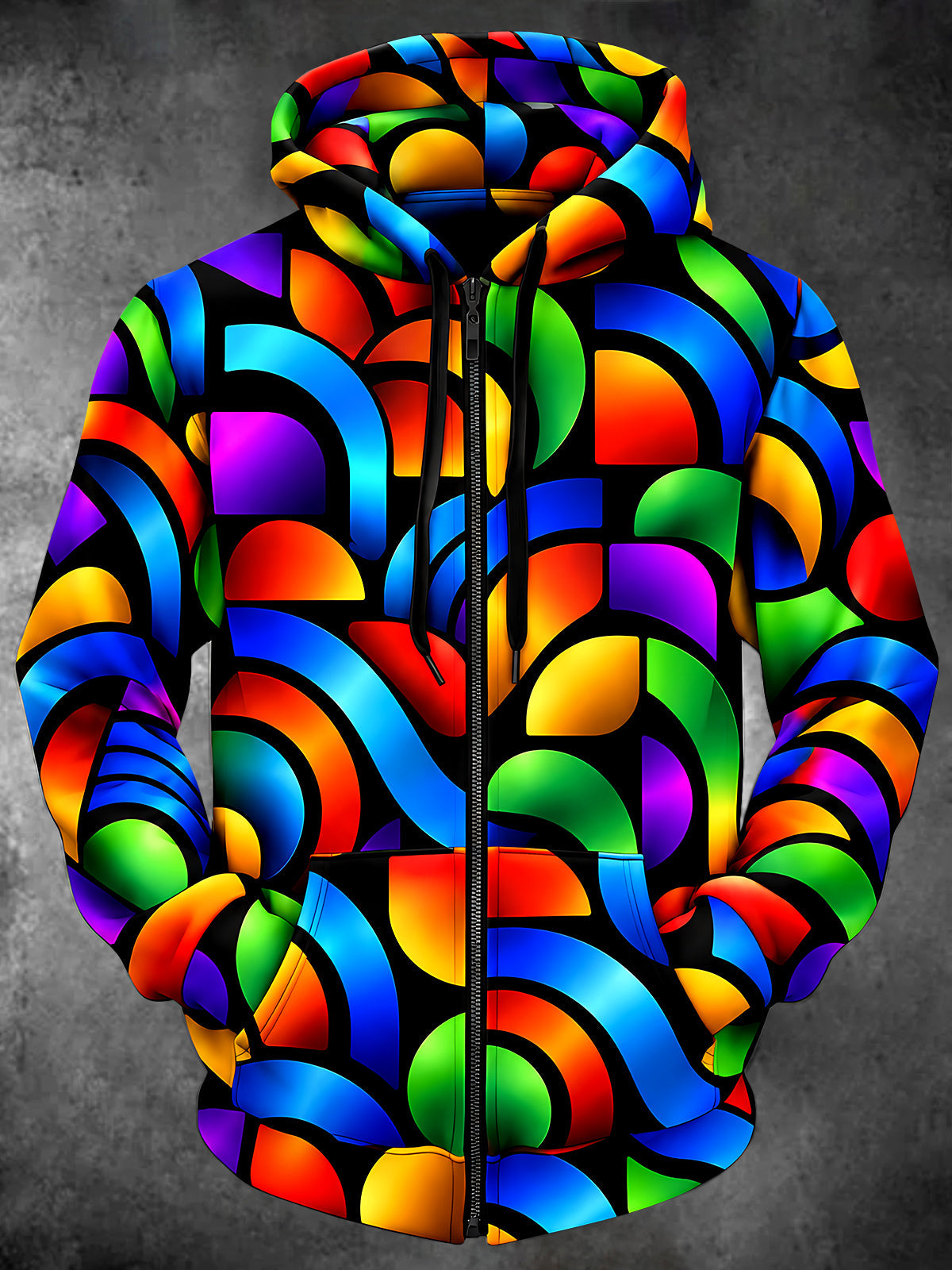 Oceanlyte Men's Neon Geometric Rainbow Arcs Print Long Sleeve Zip-Up Hoodie with Kangaroo Pocket