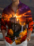 Oceanlyte Men's Printed Castle And Waterfall Landscape Print Long Sleeve Shirt with Chest Pocket