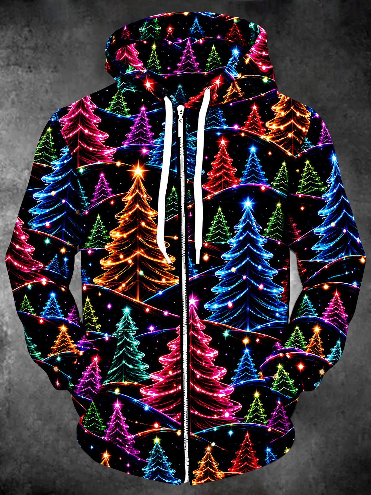 Oceanlyte Men's Neon Christmas Trees And Lights Print Long Sleeve Zip-Up Hoodie