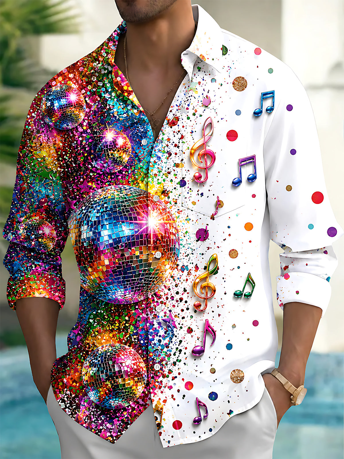Oceanlyte Men's Retro Disco Balls And Musical Notes Print Long Sleeve Shirt with Chest Pocket