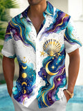 Oceanlyte Men's Hawaiian Watercolor Ocean Waves Print Short Sleeve Shirt with Chest Pocket