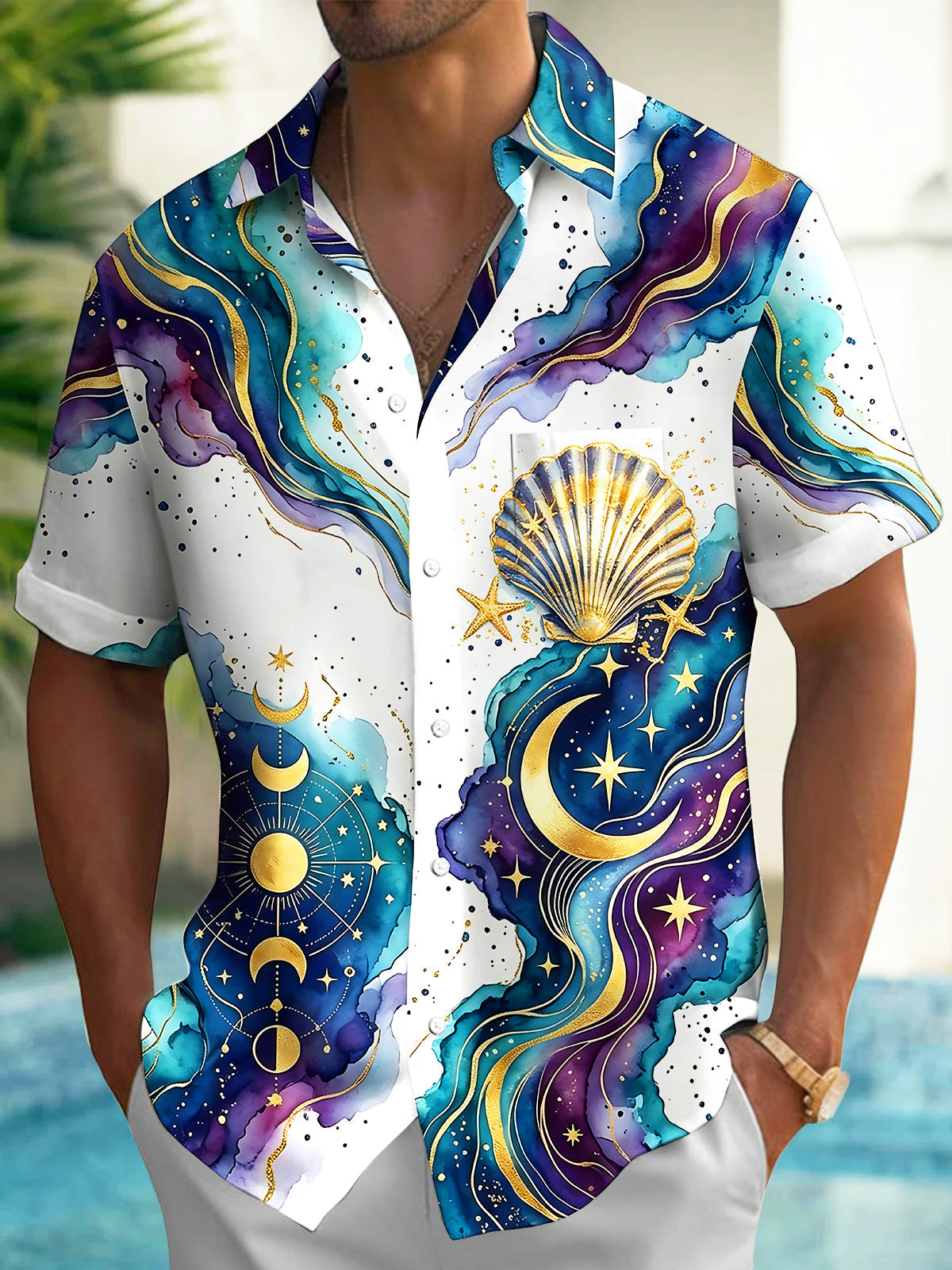 Oceanlyte Men's Hawaiian Watercolor Ocean Waves Print Short Sleeve Shirt with Chest Pocket