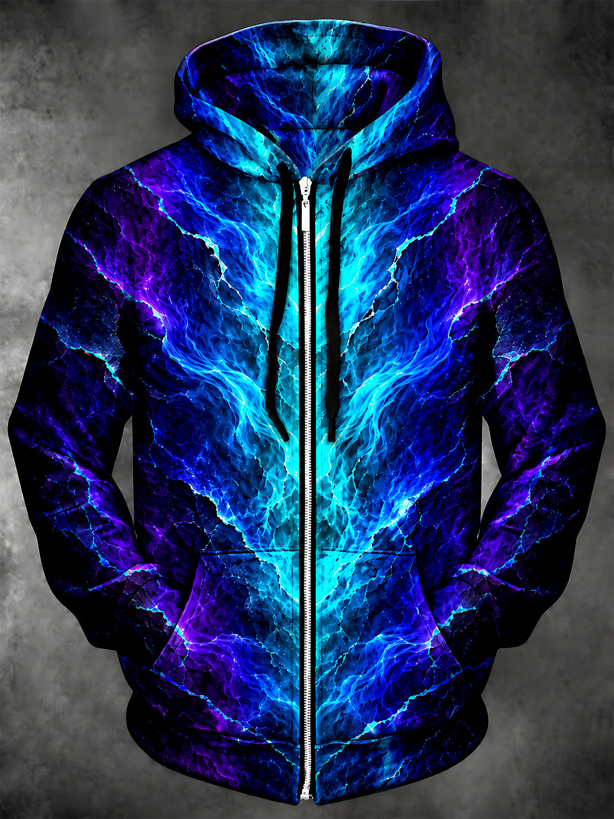 Oceanlyte Men's Long Sleeve Zip-Up Hoodie - Abstract Blue And Purple Lightning Print